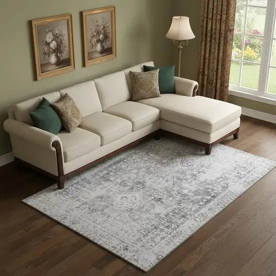 Charcoal And Silver Oriental Washable Area Rug With UV Protection Photo 2