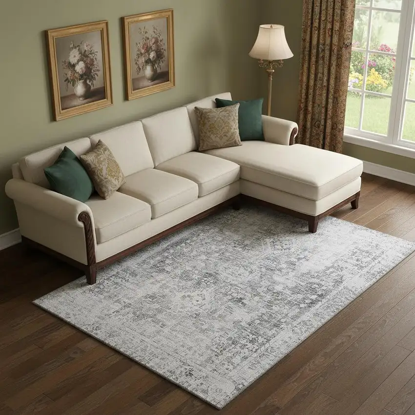 Charcoal And Silver Oriental Washable Area Rug With UV Protection Photo 2