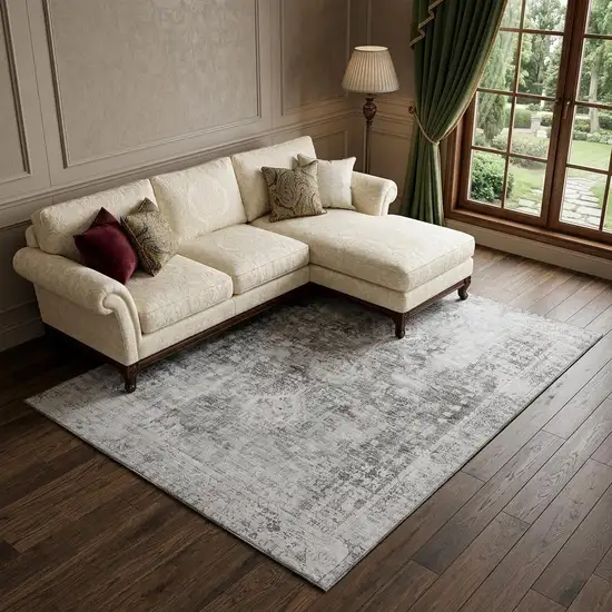 Charcoal And Silver Oriental Washable Area Rug With UV Protection Photo 1