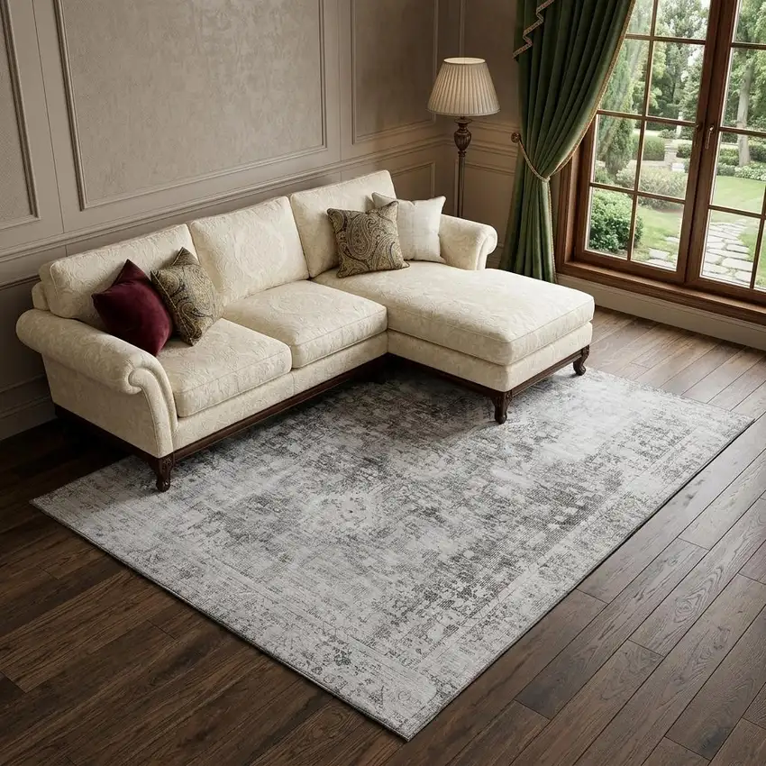 Charcoal And Silver Oriental Washable Area Rug With UV Protection Photo 1