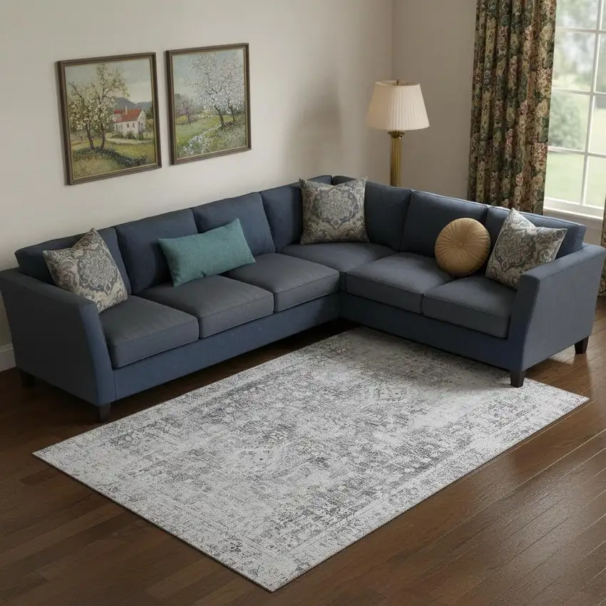 Charcoal And Silver Oriental Washable Area Rug With UV Protection Photo 2