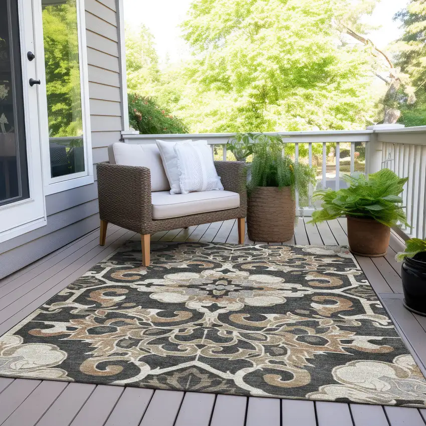 Charcoal And Taupe Damask Washable Indoor Outdoor Area Rug Photo 8
