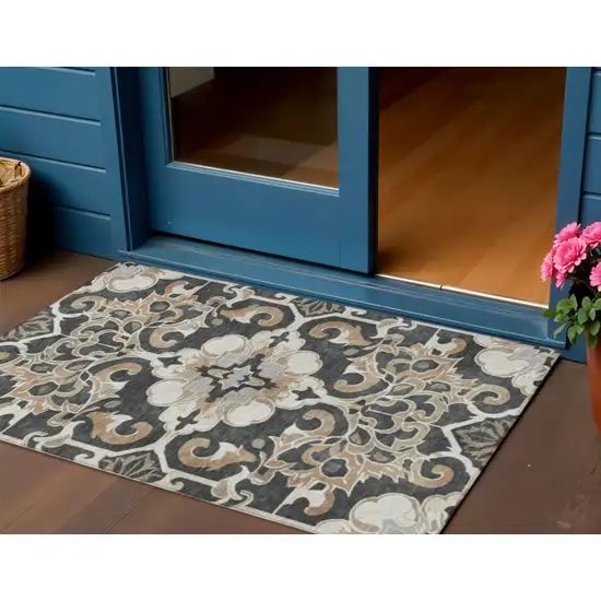 Charcoal And Taupe Damask Washable Indoor Outdoor Area Rug Photo 2