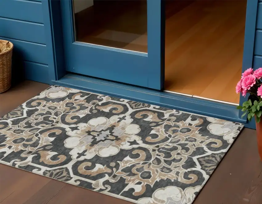 Charcoal And Taupe Damask Washable Indoor Outdoor Area Rug Photo 2