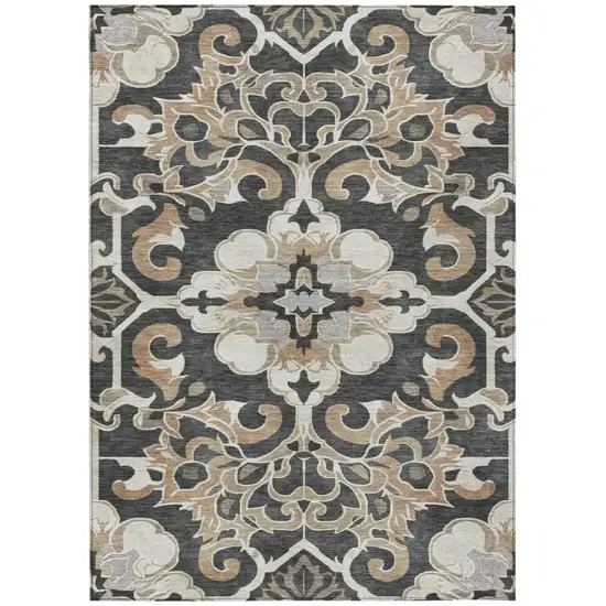 Charcoal And Taupe Damask Washable Indoor Outdoor Area Rug Photo 1