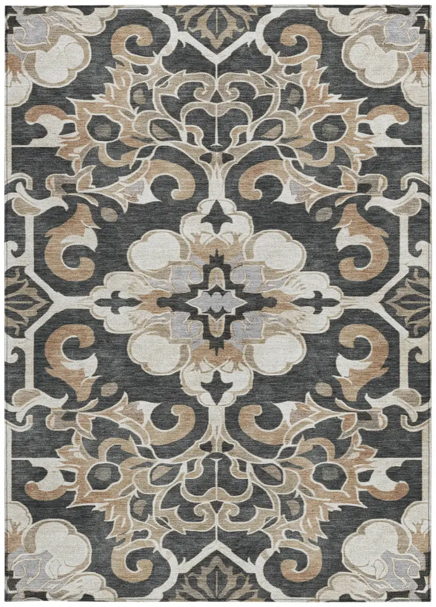 Charcoal And Taupe Damask Washable Indoor Outdoor Area Rug Photo 3