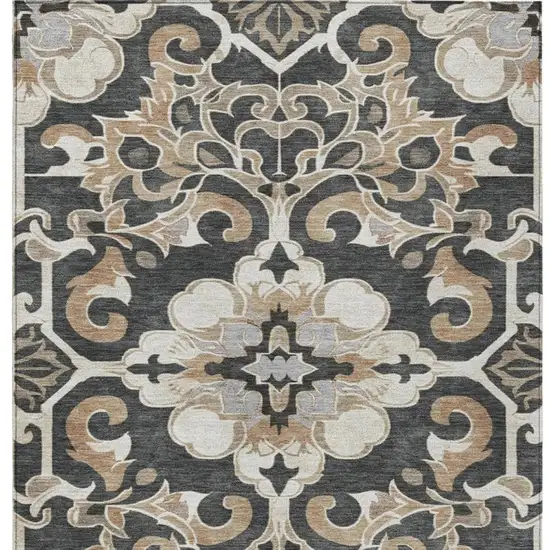 Charcoal And Taupe Damask Washable Indoor Outdoor Area Rug Photo 4