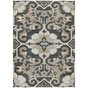 Photo of Charcoal And Taupe Damask Washable Indoor Outdoor Area Rug