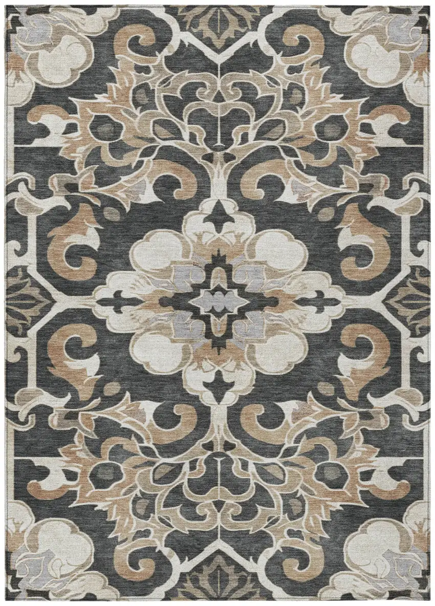 Charcoal And Taupe Damask Washable Indoor Outdoor Area Rug Photo 1