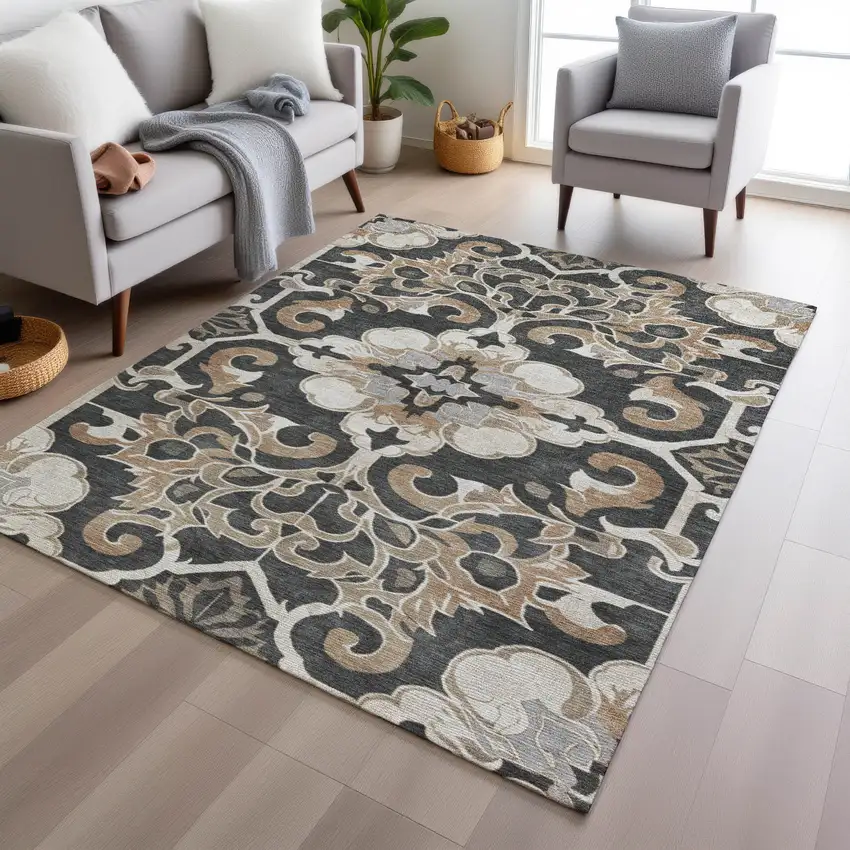 Charcoal And Taupe Damask Washable Indoor Outdoor Area Rug Photo 6