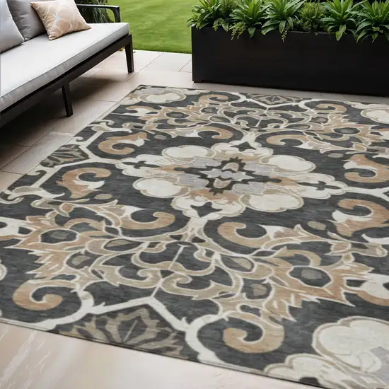 Charcoal And Taupe Damask Washable Indoor Outdoor Area Rug Photo 2