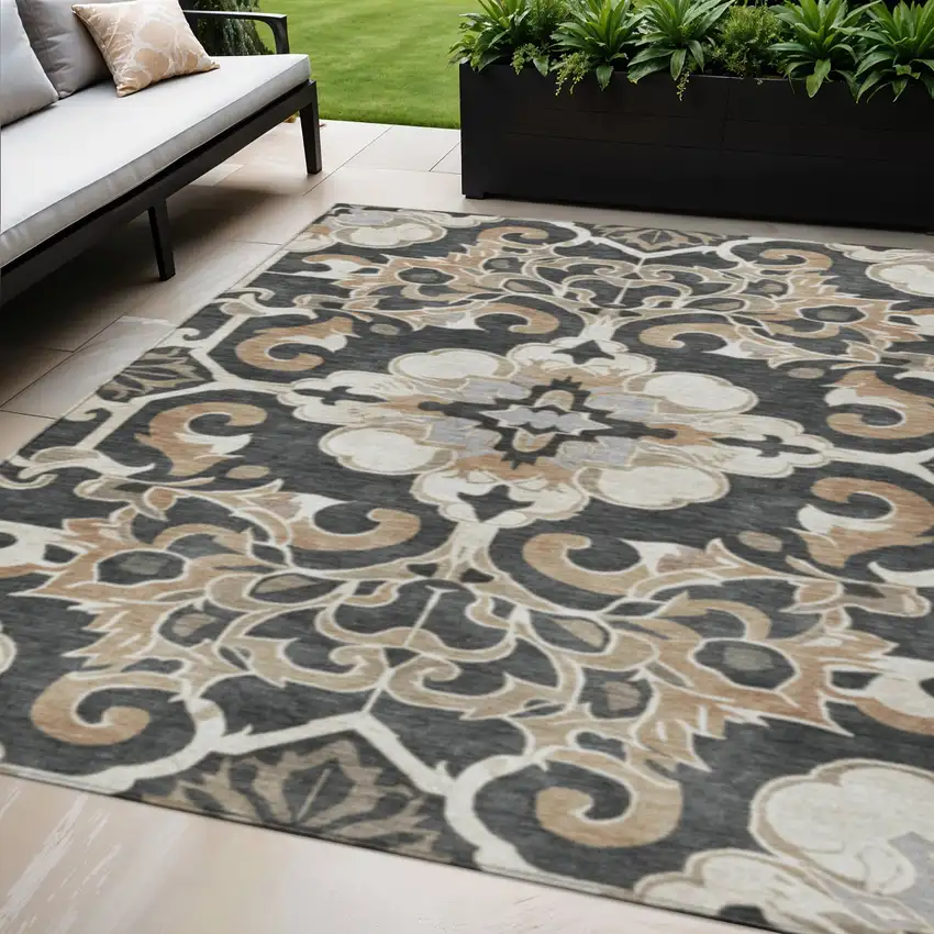 Charcoal And Taupe Damask Washable Indoor Outdoor Area Rug Photo 2