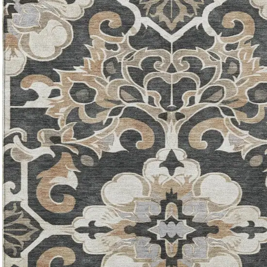 Charcoal And Taupe Damask Washable Indoor Outdoor Area Rug Photo 3