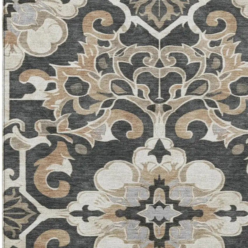Charcoal And Taupe Damask Washable Indoor Outdoor Area Rug Photo 3