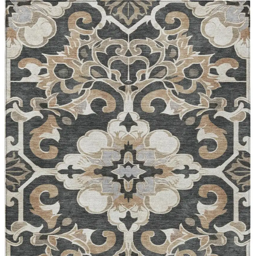 Charcoal And Taupe Damask Washable Indoor Outdoor Area Rug Photo 6