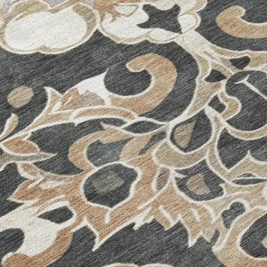 Charcoal And Taupe Damask Washable Indoor Outdoor Area Rug Photo 8