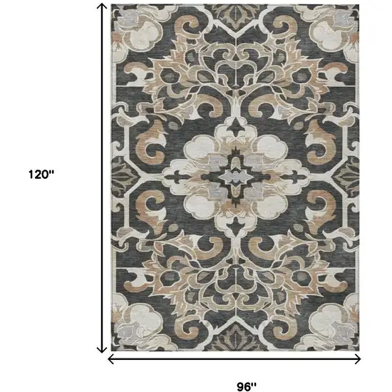 Charcoal And Taupe Damask Washable Indoor Outdoor Area Rug Photo 9