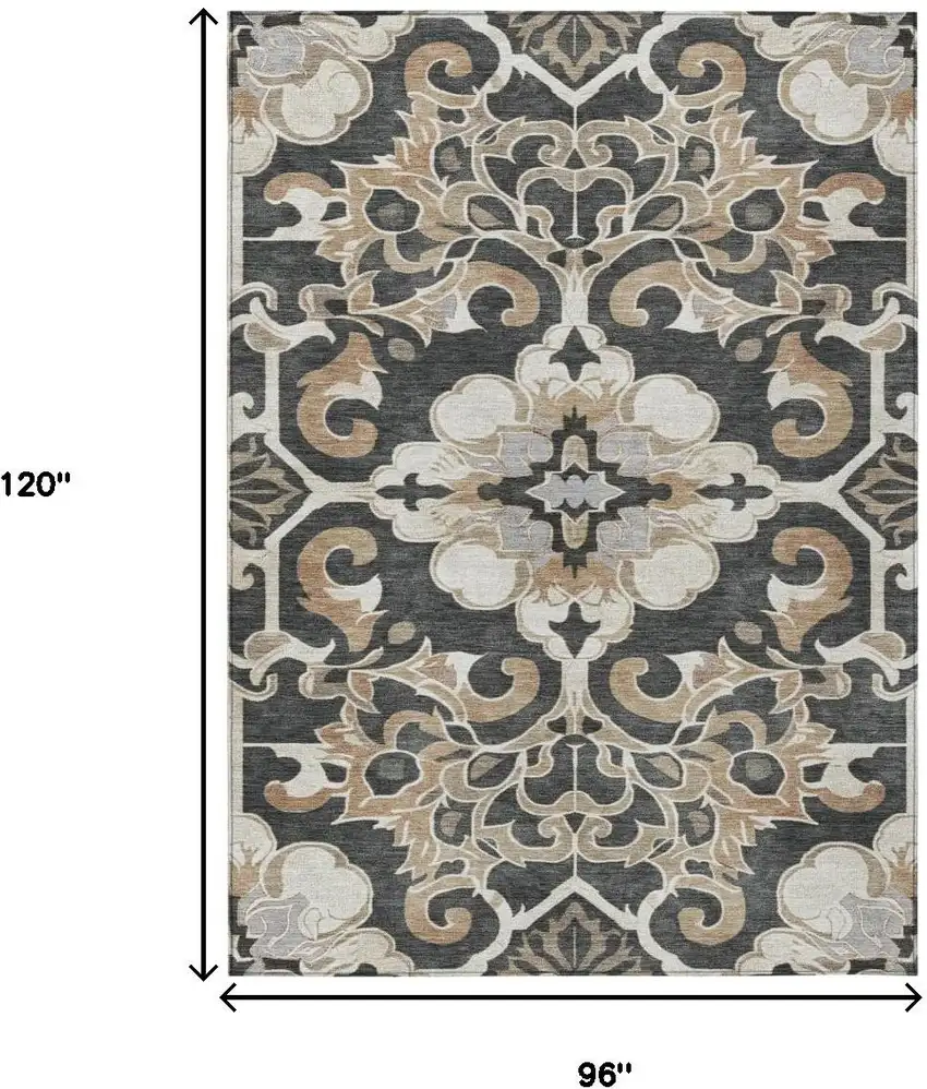 Charcoal And Taupe Damask Washable Indoor Outdoor Area Rug Photo 9