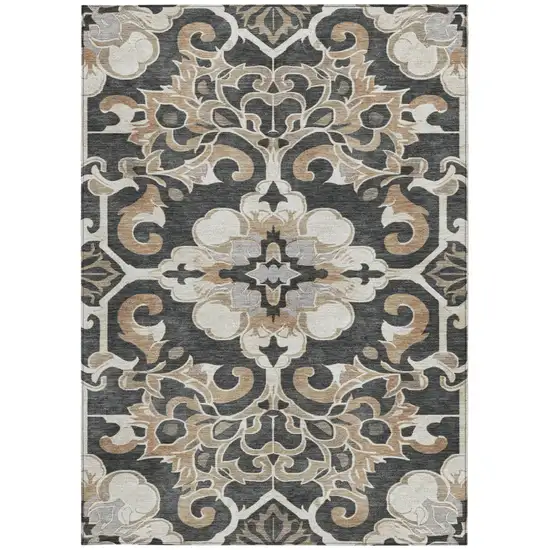 Charcoal And Taupe Damask Washable Indoor Outdoor Area Rug Photo 3