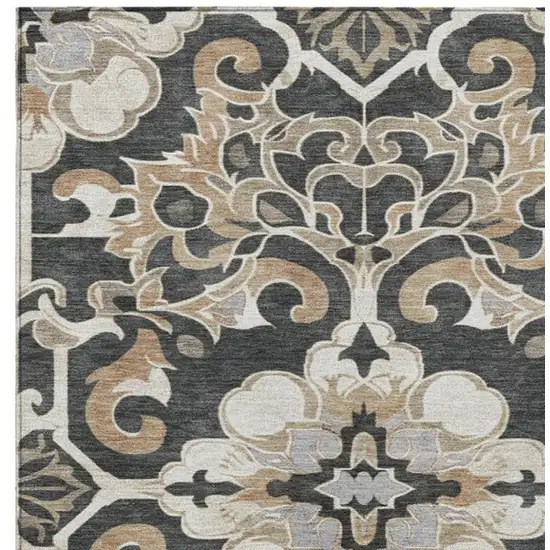 Charcoal And Taupe Damask Washable Indoor Outdoor Area Rug Photo 4