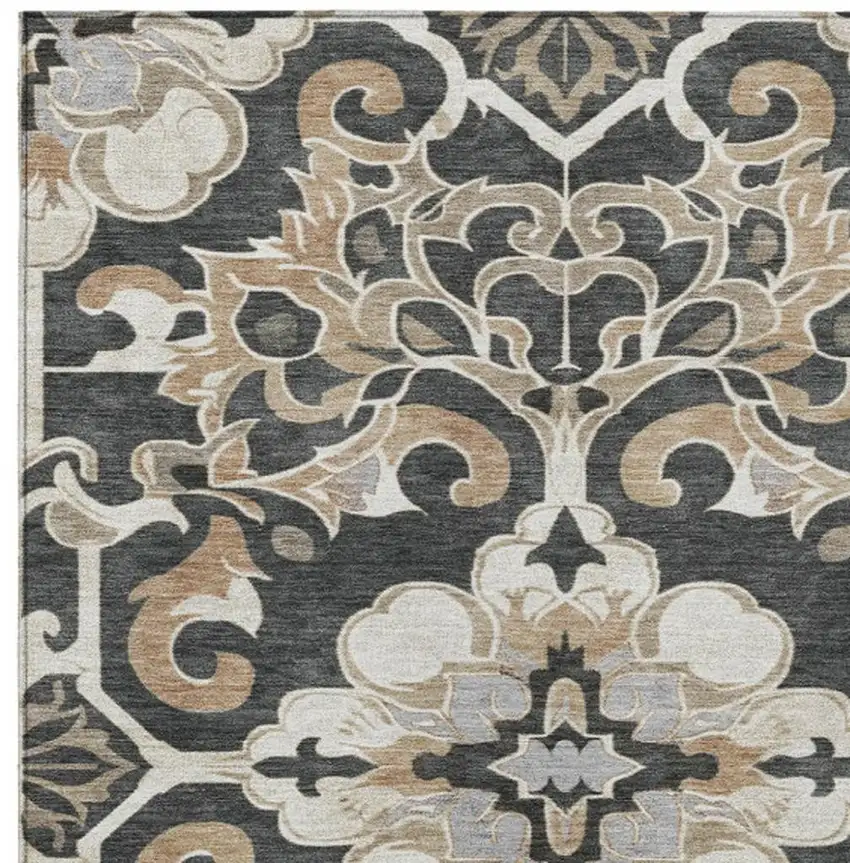 Charcoal And Taupe Damask Washable Indoor Outdoor Area Rug Photo 4