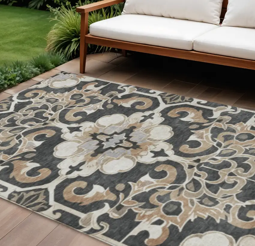 Charcoal And Taupe Damask Washable Indoor Outdoor Area Rug Photo 2