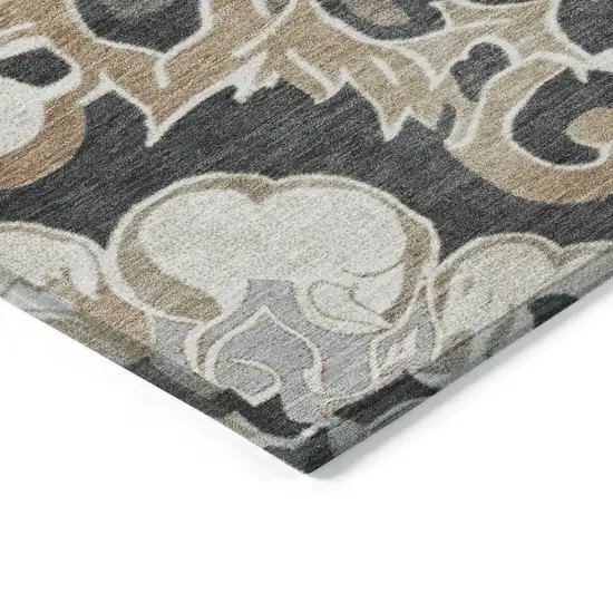 Charcoal And Taupe Damask Washable Indoor Outdoor Area Rug Photo 9
