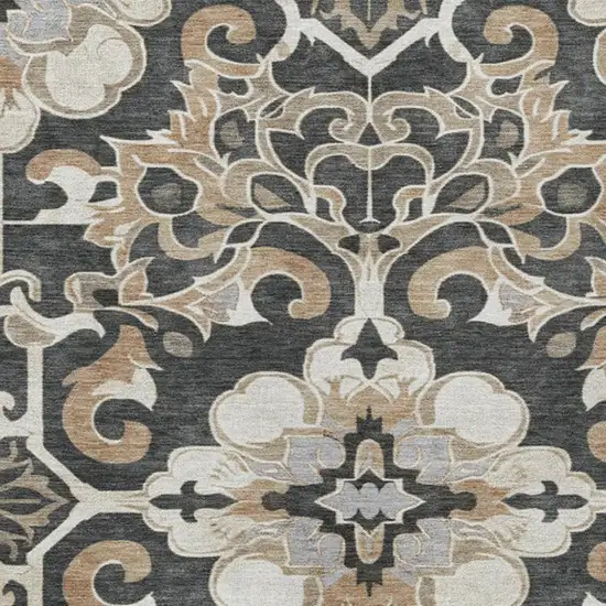 Charcoal And Taupe Damask Washable Indoor Outdoor Area Rug Photo 7