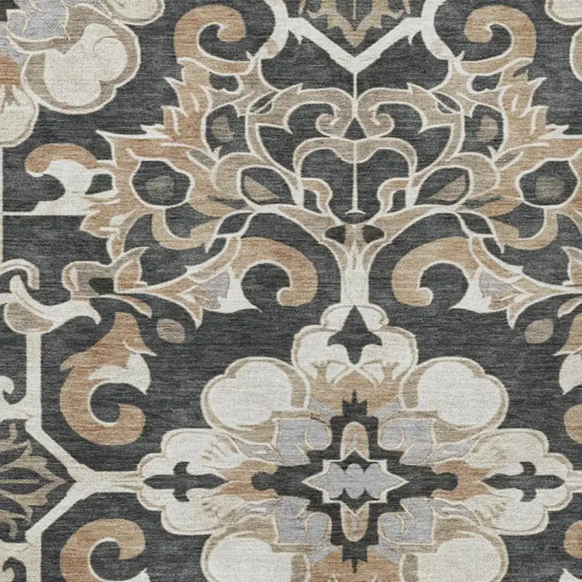 Charcoal And Taupe Damask Washable Indoor Outdoor Area Rug Photo 7