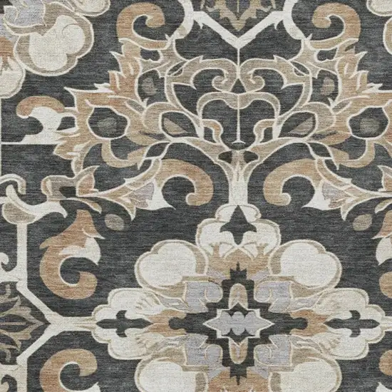 Charcoal And Taupe Damask Washable Indoor Outdoor Area Rug Photo 3