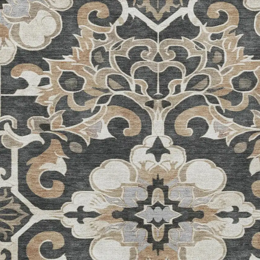 Charcoal And Taupe Damask Washable Indoor Outdoor Area Rug Photo 3