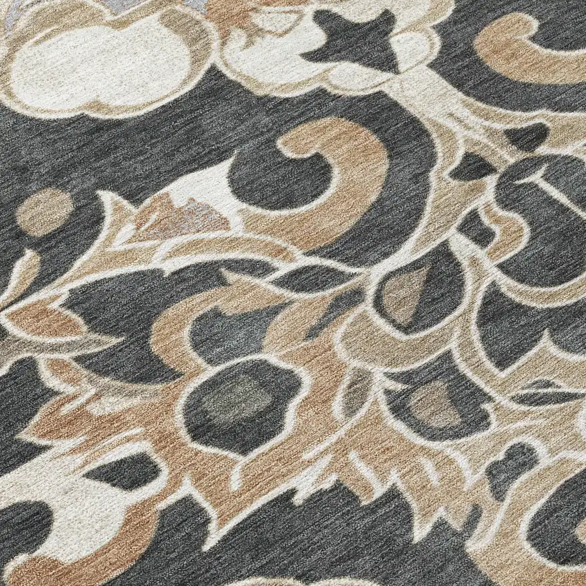 Charcoal And Taupe Damask Washable Indoor Outdoor Area Rug Photo 9