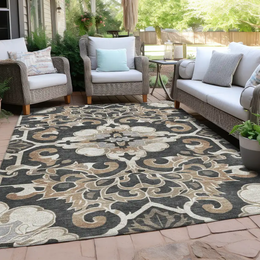 Charcoal And Taupe Damask Washable Indoor Outdoor Area Rug Photo 5