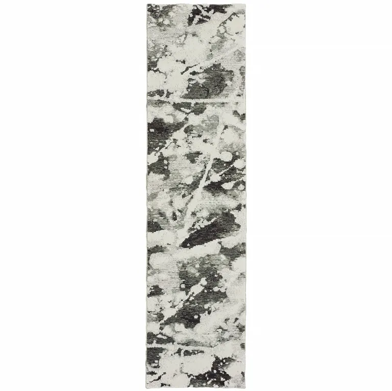 Charcoal And White Abstract Power Loom Stain Resistant Runner Rug Photo 1