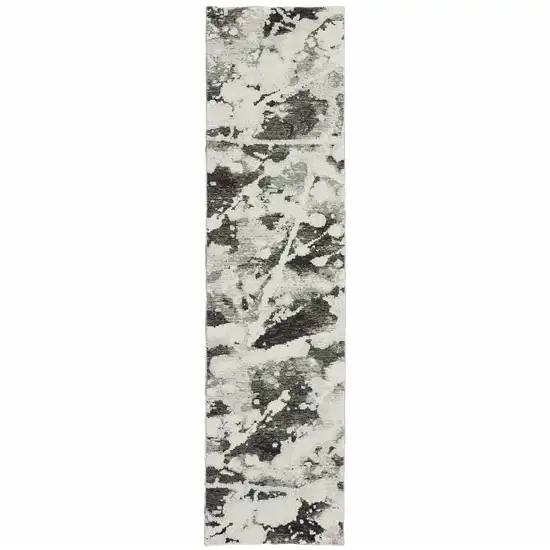 Charcoal And White Abstract Power Loom Stain Resistant Runner Rug Photo 1