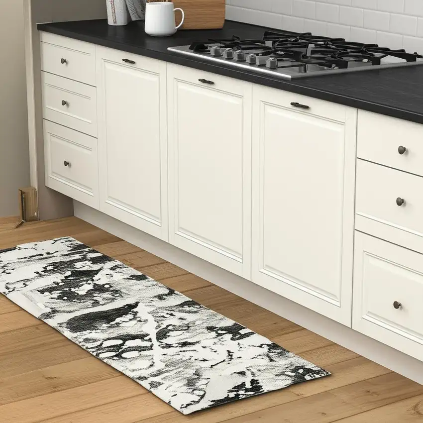 8' Charcoal And White Abstract Runner Rug Photo 1