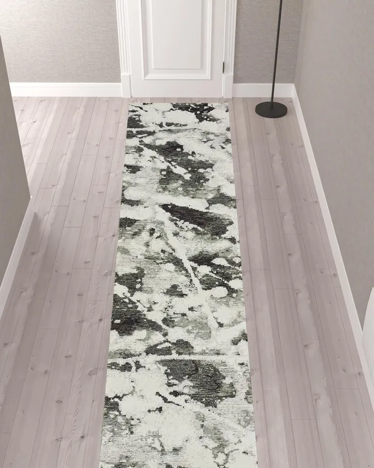 Charcoal And White Abstract Power Loom Stain Resistant Runner Rug Photo 2