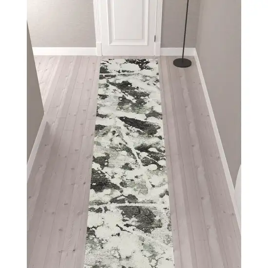 Charcoal And White Abstract Power Loom Stain Resistant Runner Rug Photo 2