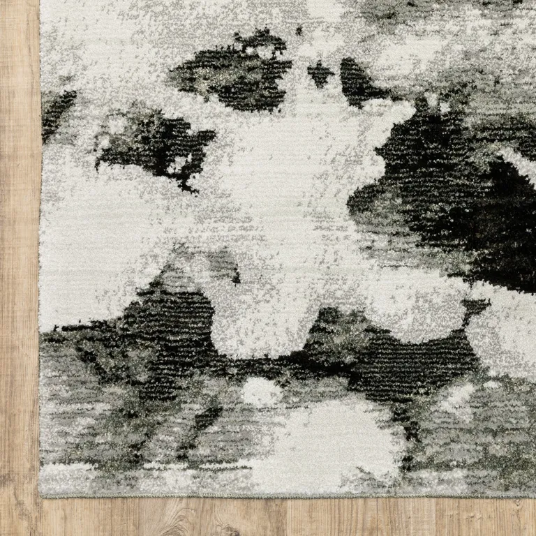 Charcoal And White Abstract Power Loom Stain Resistant Runner Rug Photo 3