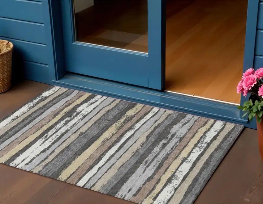 Charcoal Beige And Brown Striped Washable Indoor Outdoor Area Rug Photo 1