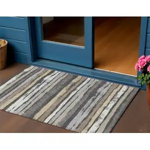 Photo of Charcoal Beige And Brown Striped Washable Indoor Outdoor Area Rug