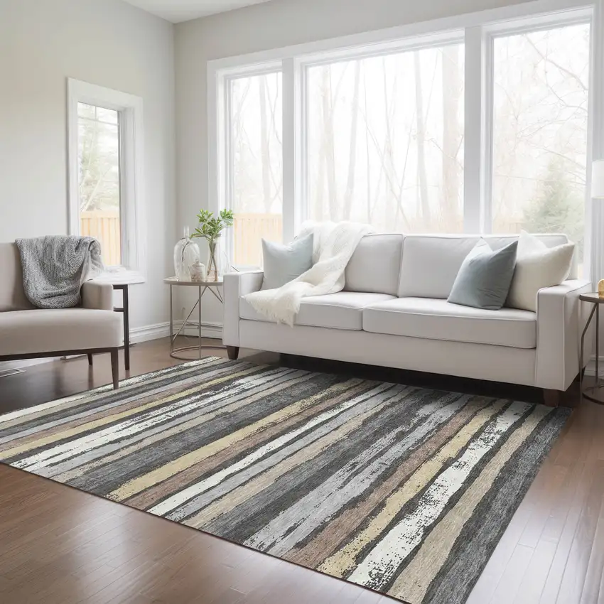 Charcoal Beige And Brown Striped Washable Indoor Outdoor Area Rug Photo 8