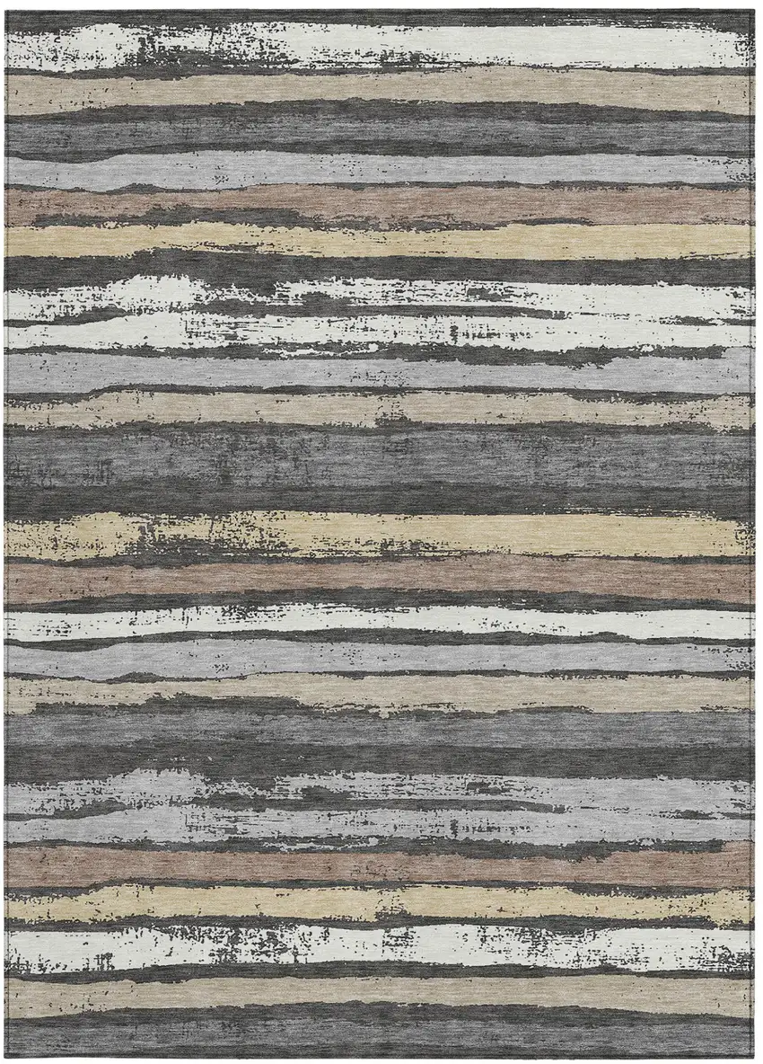 Charcoal Beige And Brown Striped Washable Indoor Outdoor Area Rug Photo 5