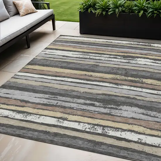 Charcoal Beige And Brown Striped Washable Indoor Outdoor Area Rug Photo 1