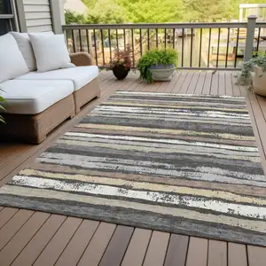 Photo of Charcoal Beige And Brown Striped Washable Indoor Outdoor Area Rug