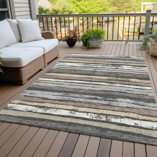 Charcoal Beige And Brown Striped Washable Indoor Outdoor Area Rug Photo 6