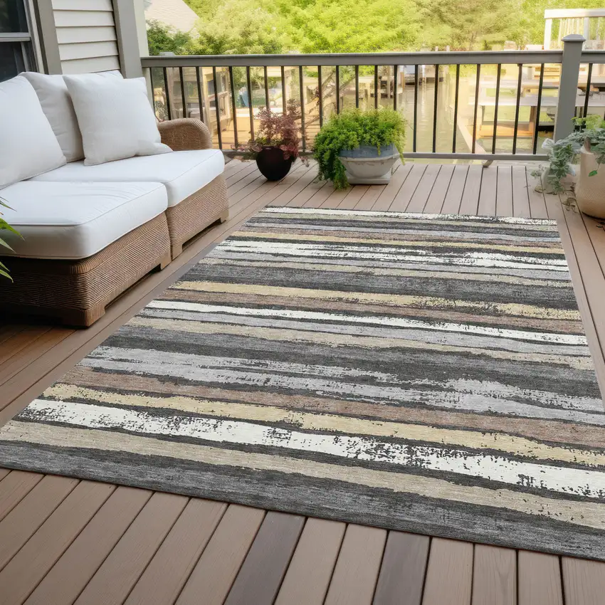Charcoal Beige And Brown Striped Washable Indoor Outdoor Area Rug Photo 6