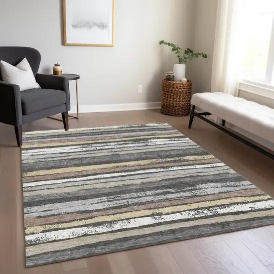 Charcoal Beige And Brown Striped Washable Indoor Outdoor Area Rug Photo 7