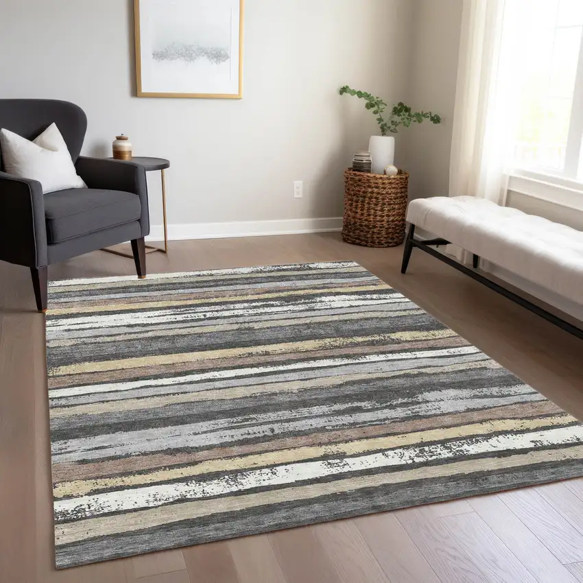 Charcoal Beige And Brown Striped Washable Indoor Outdoor Area Rug Photo 7