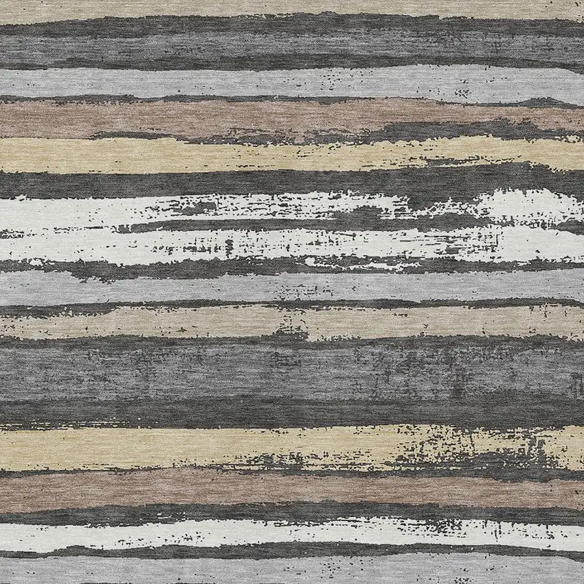 Charcoal Beige And Brown Striped Washable Indoor Outdoor Area Rug Photo 5